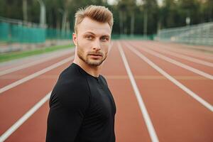 ai gegenereerd dynamisch portret van een atleet Aan de bijhouden foto