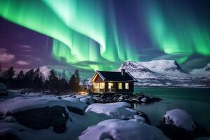 ai gegenereerd betoverend noordelijk lichten over- een besneeuwd landschap foto