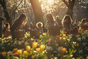 ai gegenereerd kinderen genieten van Pasen ei jacht Bij zonsondergang foto