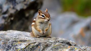 ai gegenereerd chipmunk zittend Aan een rots in gletsjer nationaal park, Montana foto