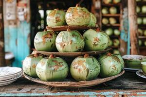 ai gegenereerd biologisch vers tropisch jong groen kokosnoot professioneel reclame voedsel fotografie foto