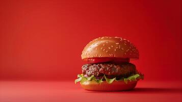 ai gegenereerd een hamburger Aan mono kleur studio met rood achtergrond, Product het schieten gevoel, de hamburger pasteitje op zoek verrukkelijk. gegenereerd door kunstmatig intelligentie. foto