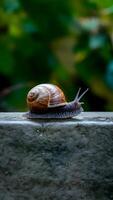 ai gegenereerd slak Aan een steen muur, langzaam tempo dieren in het wild beweging foto verticaal mobiel behang