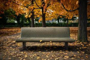 ai gegenereerd herfst bank in park vitrines getextureerde oppervlakte temidden van seizoensgebonden gebladerte foto