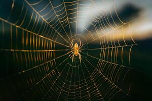 ai gegenereerd gouden glimmend licht verlicht spin web tegen donker achtergrond foto