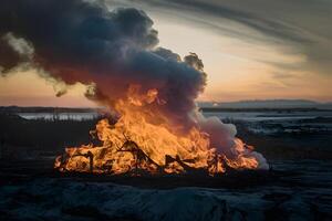 ai gegenereerd aard destructief dwingen ontketend in brandend brand en rook foto