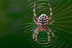 ai gegenereerd spinachtige rust Aan ingewikkeld geweven spinnenweb, in afwachting prooi foto