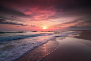 ai gegenereerd sereen strand tafereel badend in de warm tinten van zonsondergang foto