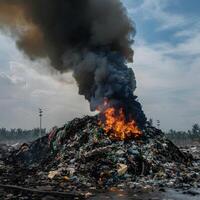 ai gegenereerd zwart rook stijgt van brandend vuilnis stapel, milieu ramp voor sociaal media post grootte foto