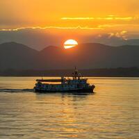 ai gegenereerd boot glijdt onder zonsondergangen gouden gloed Aan meer Baikal voor sociaal media post grootte foto