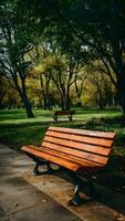 ai gegenereerd bruin houten bank in park Aan zonnig dag verticaal mobiel behang foto