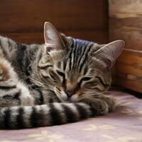 ai gegenereerd ontspannen kat vondsten comfort in een vredig resting positie voor sociaal media post grootte foto