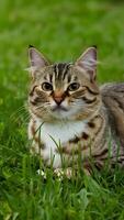 ai gegenereerd aanbiddelijk kat geniet een ontspannen moment Aan de weelderig gras verticaal mobiel behang foto