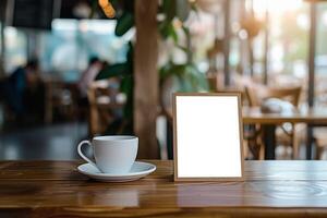 ai gegenereerd blanco kader mockups in voorkant van een koffie winkel foto