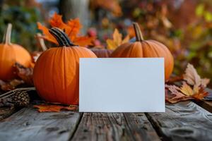 ai gegenereerd halloween, blanco groet kaart mockup leugens Aan een stapel van herfst bladeren een foto