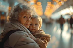 ai gegenereerd een ouderen vrouw met een klein kind en kleinzoon Bij de luchthaven terminal foto