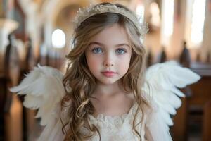 ai gegenereerd portret van een schattig weinig meisje in de Vleugels van een wit engel in een kerk Bij een bruiloft foto