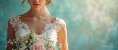 ai gegenereerd een vrouw gekleed in een wit bruiloft japon is Holding een boeket van bloemen. ze staat in voorkant van een banier met kopiëren ruimte foto