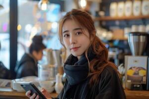 ai gegenereerd Aziatisch vrouw in een cafe gebruik makend van een smartphone foto