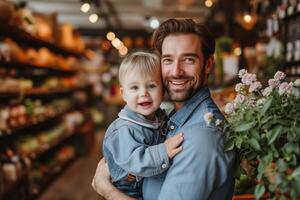 ai gegenereerd in de gangpad van een kruidenier op te slaan, een Mens houdt een weinig jongen in zijn armen. een gelukkig vader gaat winkelen, draag- een kind in zijn armen, wie looks nieuwsgierig en geboeid door wat is gebeurt foto