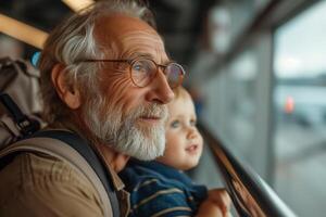 ai gegenereerd een ouderen Mens en een jongen Bij de luchthaven, een opa en een kleinzoon in de terminal op zoek uit de venster foto