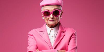 ai gegenereerd ouderen kaal vrouw met bril, vrouw Aan roze achtergrond. Gezondheid thema. generatief ai foto