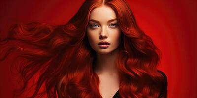 ai gegenereerd vrouw met rood haar- Aan een rood achtergrond, reclame shampoo. generatief ai foto