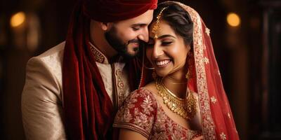 ai gegenereerd gelukkig Indisch pasgetrouwde paar in liefde, relatie, familie thema. generatief ai foto