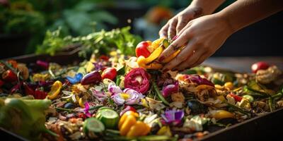 ai gegenereerd vrouw compost voedsel verspilling in haar achtertuin. ecologisch bezorgdheid voor natuur. generatief ai foto