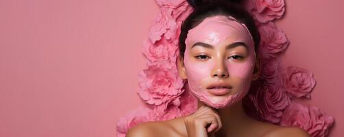 ai gegenereerd mooi jong meisje met roze kunstmatig gezicht masker, roze spandoek. generatief ai foto