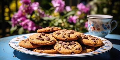 ai gegenereerd chocola chips koekjes met selectief focus. generatief ai foto