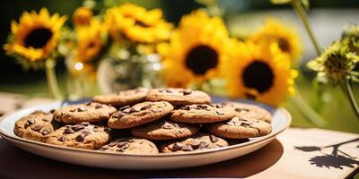 ai gegenereerd zoet koekjes met chocola chips Aan houten achtergrond in een bord. generatief ai foto