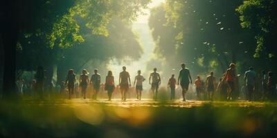 ai gegenereerd wazig achtergrond van groep van mensen in de park aan het doen sport. generatief ai foto