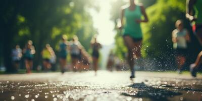 ai gegenereerd wazig achtergrond van groep van mensen in de park aan het doen sport. generatief ai foto