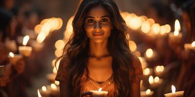 ai gegenereerd gelukkig Indisch vrouw gedurende diwali vakantie. gelukkig diwali festival met olie lamp. generatief ai foto