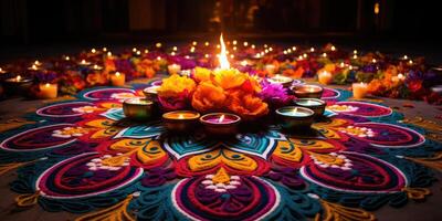 ai gegenereerd gelukkig diwali kleurrijk klei diya lampen lit gedurende diwali viering. generatief ai foto