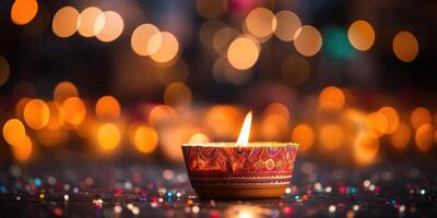 ai gegenereerd diwali met rangoli, groet kaart concept. brandend diva lamp Aan de straat. generatief ai foto