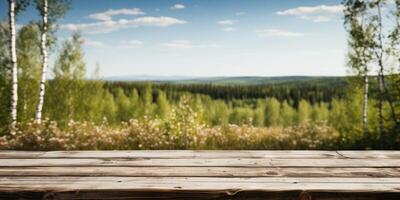 ai gegenereerd houten tafel met kopiëren ruimte tegen een achtergrond van mooi berk bomen. generatief ai foto