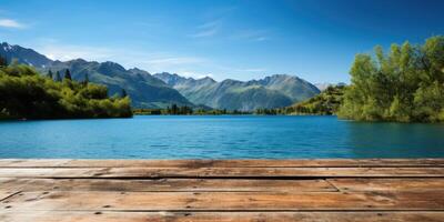 ai gegenereerd leeg houten tafel tegen de backdrop van een zomer berg meer, kopiëren ruimte. generatief ai foto