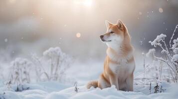 ai gegenereerd een mooi akita inu hond Aan een besneeuwd achtergrond, realistisch foto