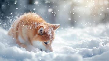 ai gegenereerd een mooi akita inu hond Aan een besneeuwd achtergrond, realistisch foto