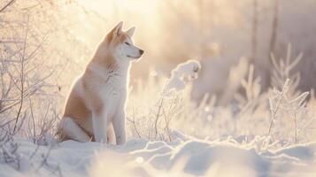 ai gegenereerd een mooi akita inu hond Aan een besneeuwd achtergrond, realistisch foto