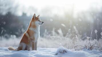 ai gegenereerd een mooi akita inu hond Aan een besneeuwd achtergrond, realistisch foto