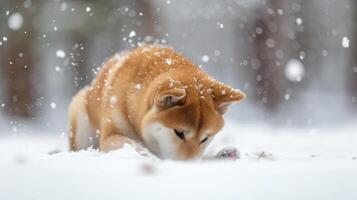 ai gegenereerd een mooi akita inu hond Aan een besneeuwd achtergrond, realistisch foto