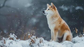 ai gegenereerd een mooi akita inu hond Aan een besneeuwd achtergrond, realistisch foto