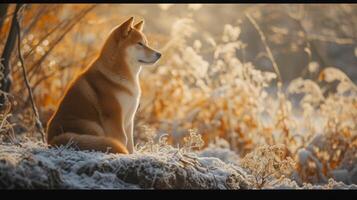 ai gegenereerd een mooi akita inu hond Aan een besneeuwd achtergrond, realistisch foto