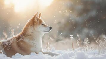 ai gegenereerd een mooi akita inu hond Aan een besneeuwd achtergrond, realistisch foto