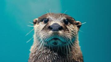 ai gegenereerd een portret van een Otter Aan een blauw achtergrond foto