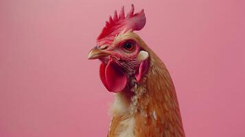 ai gegenereerd een kip Aan een pastel roze achtergrond foto