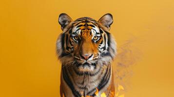 ai gegenereerd een tijger Aan een pastel geel achtergrond foto
